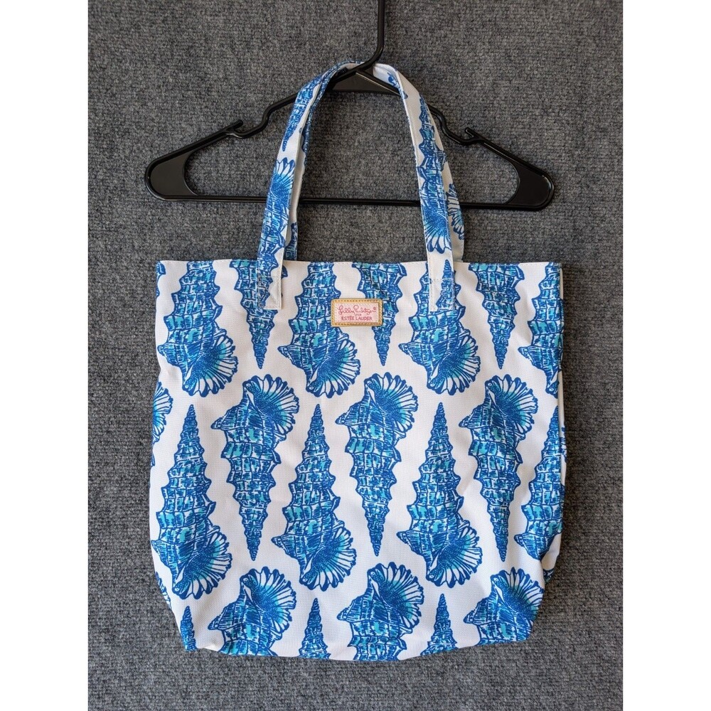 Lilly Pulitzer For Estee Lauder Canvas Beach Tote Bag Blue Seashells EUC Clean